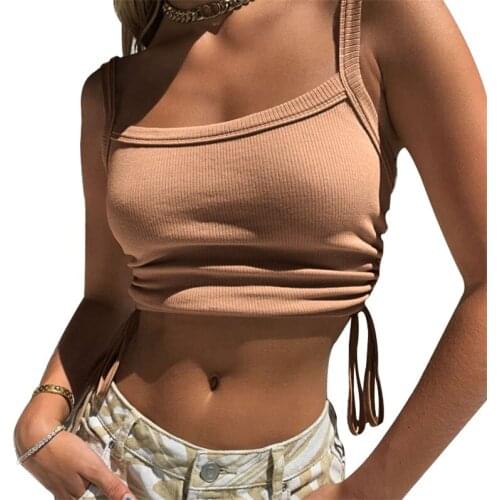 Harajuku Crop Tops Summer Women Vest Solid Female Sexy Off Shoulder Knitted Ribbed Lace Up Bandage Tank Tops Sleeveless G2550