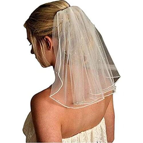 Womens Short Wedding Veils with Comb Lace Appliques Beads Bridal Veil