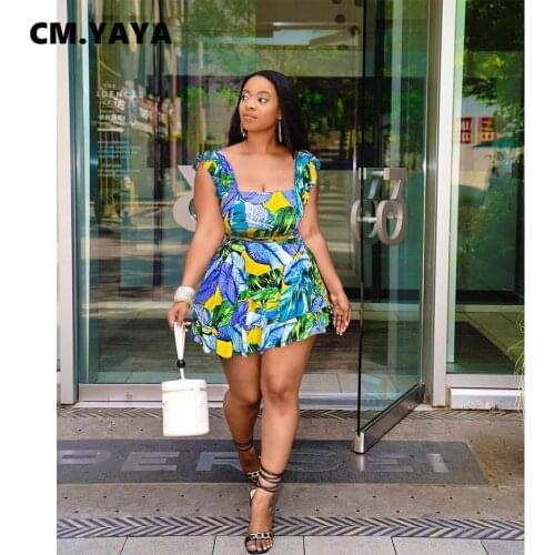 CM.YAYA Women Set Print Sleeveless Square Collar Bandage Crop Tops Mini A-line Skirt Two 2 Piece Sets Sexy Fashion Outfit Summer