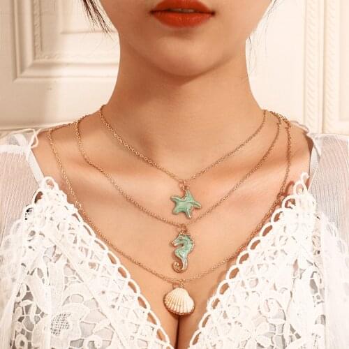 Boho Conch Shell Necklace Sea Beach Multilayers Seahorse Necklace For Women Collier Femme Shell Cowrie Summer Jewelry Bohemian
