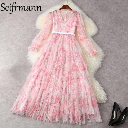 Seifrmann New 2021 Summer Women Fashion Runway Party Mesh Dress Lantern Sleeve High Waist Ruffles Floral Printed Long Dresses