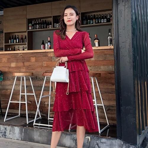 Womens Spring Fashion V-neck See Through Sleeves Long Sleeve Women A-line Mesh Vintage Dress
