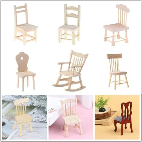 1Pc 1/12 Dolls Miniature Furniture Wooden Unpainted Dining Chair for Dollhouse Decor