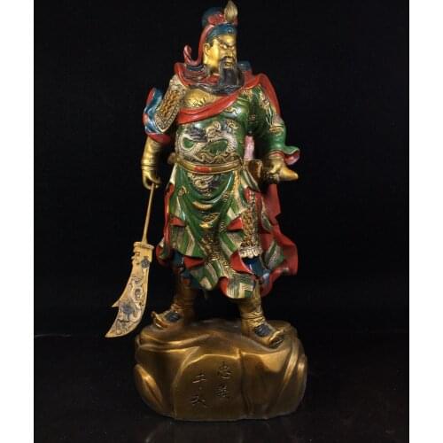 18"Tibet Buddhism Old Bronze Painted Guan Gong Statue Lucky God of Wealth Standing statue Enshrine the Buddha