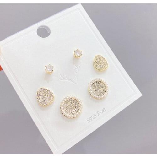 2021 New Design 6 Pcs 14K Gold Plated Geometric Pearl Stud Earrings Luxury Jewelry Cubic Zircon Earrings