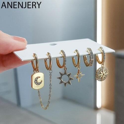 ANENJERY 6 pieces/set 925 Sterling Silver Star Moon Sun Hoop Earrings Set for Women Double Pierced Ear Line Earrings Wholesale