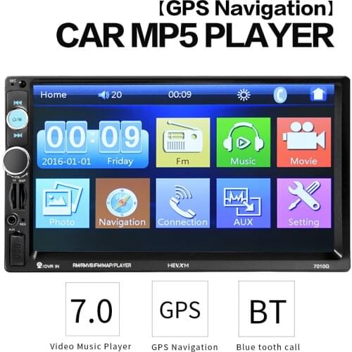 For 7" HD Car Multimedia Autoradio 2 Din Radio With GPS Navigation Bluetooth Stereo Mp5 Player AUX FM USB Audio Cam 7010G