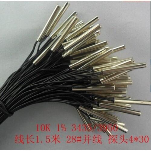 Free ship 50pcs/lot probe 4*30mm 10K 1% 3950/3435 wire length 1.5 meters 28 # paralled yarn NTC temperature sensor