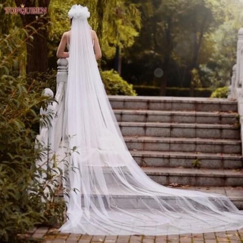 TOPQUEEN V109 Luxury Beaded Cathedral Wedding Veil with Pearls 4M*3M Cathedral Drop Veil Bridal Veils Wedding Pearls Beaded VEU