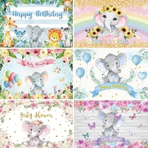 Cartoon Animal Little Elephant Backdrop Wood Board Flower Girl Baby Newborn Portrait Birthday Party Photo Background Photostudio