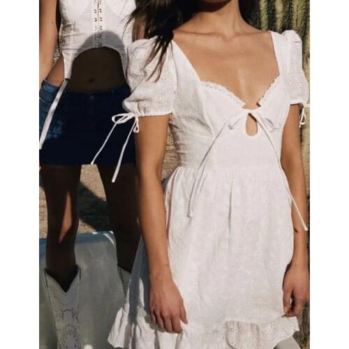 Foridol White Lace Dress with Embroidery Flower Women Summer Beach Boho Dresses Puff Short Sleeve Mini Vestidos Feminino
