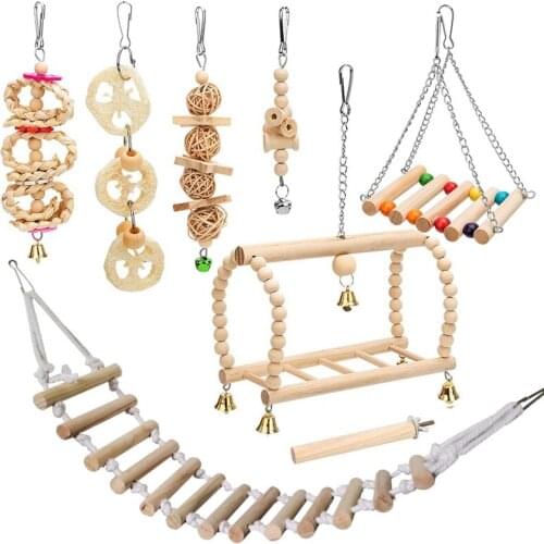 Hot 8 Packs Bird Parrot Swing Hanging Toy,Natural Wood Bell Bird Cage Toys for Parrots, Parakeets, Cockatiels, Budgie