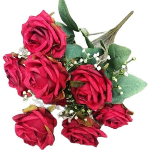 One Fake 9 Heads Rose Bouquet Flower Simulation Artificial Curling Roses with Plastic Berries for Wedding Home Floral Decoration