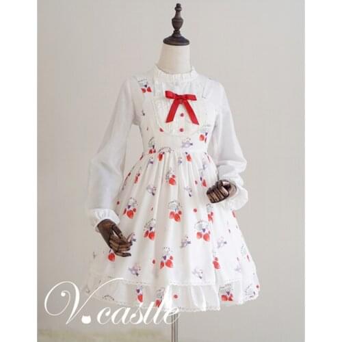 Kawaii Girls Strawberry Cat Summer Neko Printing Dress Red Bow Back Cross Tie Cute JSK Lolita Dress
