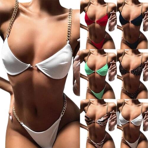 Two Piece Chain Swimwear Womens Sexy Straps 2Pcs Push-up Bikini Sets Split Deep V-neck Slings Tops Triangle Bottoms Swimsuits