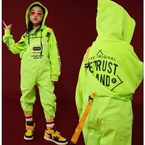 Hip Hop Dance Costumes For Boys Green Casual Hoodie Tops Loose Bib Pants Girls Jazz Modern Dance Costumes Rave Clothes DQS6276