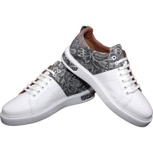 Premium Handmade Sport Shoes, Real Leather, White Gray, Lightweight Designer Fashion Sneakers, Embossed Floral Painting Design
