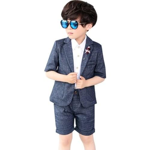 Boys Summer Formal Blazer+Shorts 2PCS Clothing Set Kids Wedding Tuxedo Dress School Children Chorus Performance Dress Costume