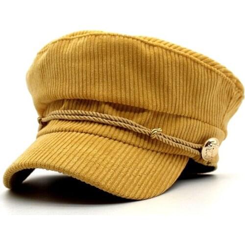 Fashion Corduroy Military Hat Autumn Winter Vintage Beret Cap For Women Casual Streetwear Rope Flat Top Cap Female Gorras