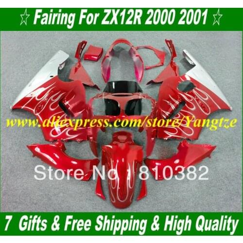 Injection mold Fairing kits for KAWASAKI Ninja ZX12R 00 01 ZX 12R 2000 2001 ZX-12R white flames red Fairings set+gifts HJ19