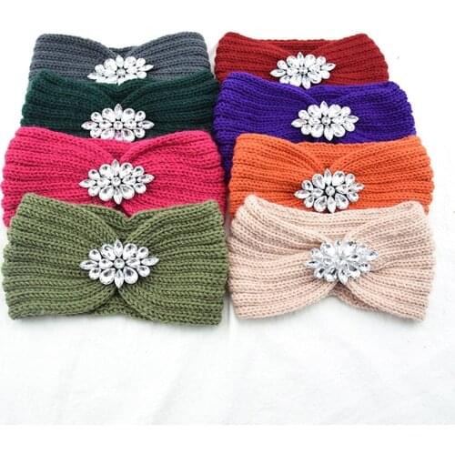 New Rhinestone Knitted Cross Knot Headband for Women Autumn Winter Hairbands Elastic Turban Headwrap Girls Hair Accessories