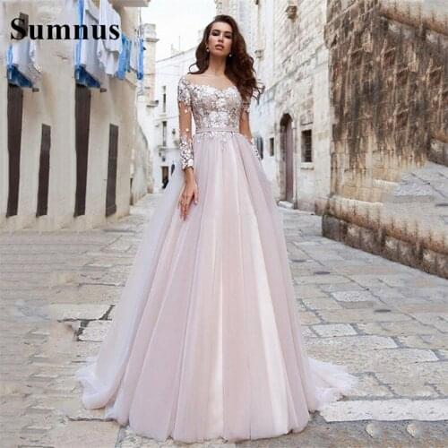 Sumnus Beach Lace Wedding Dresses 3D Flower Full Sleeves Zipper Princess Bridal Dress Belt Boho Wedding Gowns Robe De Mariage