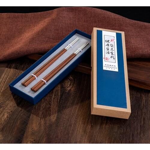 S999 Sterling Silver Chopsticks Chicken Wing Wood Spliced Portable Chop Sticks Tableware