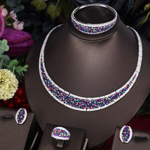 Luxury African jewelry sets Multicolor Cubic Zirconia Dubai Indian Necklace Earring Bracelet Ring parure bijoux femme Noble Gift