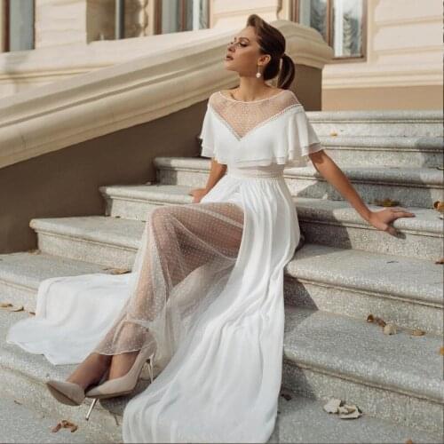 Boho Chiffon Wedding Dresses Scoop Neck Short Cap Sleeves White Dot Tulle A-Line Summer Bohemian Bridal Gowns Vestidos De Novia