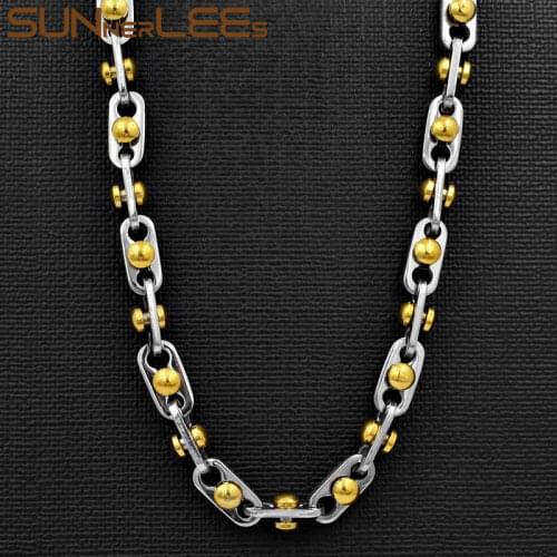 SUNNERLEES 316L Stainless Steel Necklace 6mm Geometric Beads Link Chain Silver Color Gold Plated Men Women Jewelry Gift SC163 N