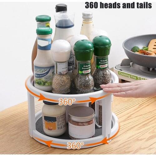 360 Degree Rotating 2 Tier Spices Fruit Tray Turning Table Rotatable Desktop Storage Shelf Home Kitchen Bathroom Storage Rack