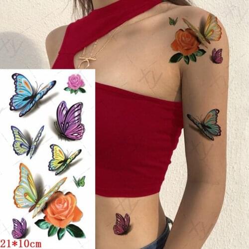 Temporary Tattoo Sticker 3D Color Butterfly Chinese Rose Flower Body Art Water Transfer Fake Tatoo Flash Tatto for Men Women