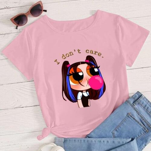 Harajuku Oversize t-shirt Powerpuff Girls Series Women T Shirt I don't Care Letter Printed Top Streetwear Pink Summer Tshirt