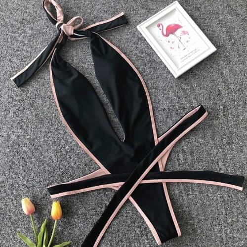 2020 Deep V Female Halter Swimwear One Piece Swimsuit Women Backless Monokini High Cut Wrap Around Bathing Suit Swim Bodysuit