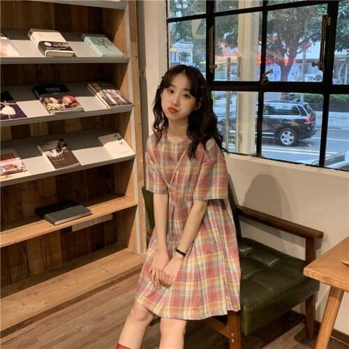 College Rainbow Plaid Dress Plaid Girl Long Skirt Orange Terrier Skirt 2020 New Skirt Short Sleeve Female Summer