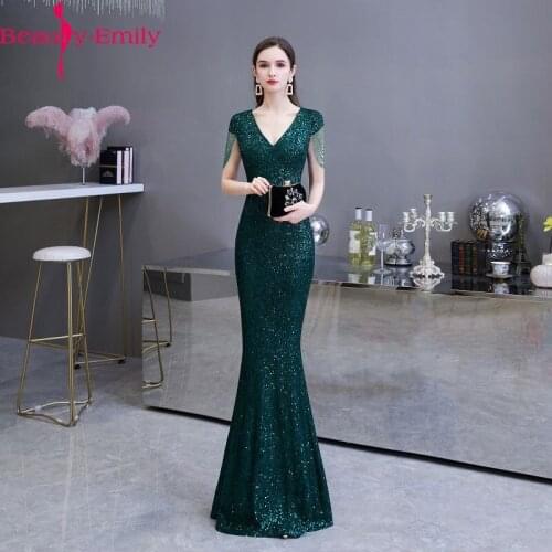 New Design Sexy V Neck Short Sleeve Mermaid Dress with Tassel 2020 High Quality Sequined Zipper Back Formal Dress Evening Gown
