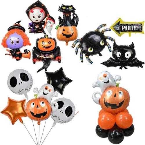 1-9Pcs Halloween Decoration Pumpkin Skull Spider Bat Ghost Witch Foil Balloon Party Decor Supplies Inflatable Globos Kids Toys