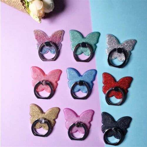 UVR 360 Degree Glitter Acrylic Finger Ring Smart Phone Stand Holder Bling Butterfly Mobile Phone Holder Stand For All Phone