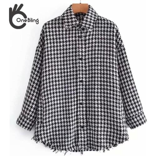 OneBling Za Woman 2021 Blouses Lapel Houndstooth Loose Raw Edge Long Sleeve Shirt Female Causal Traf Plaid Coats Chic Tops