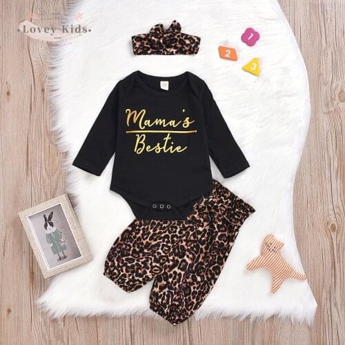 2020 Baby Girl Outfit Set 3PCS Toddler Infant Letter Print Long Sleeve O Neck Bodysuit Leopard Pants Trousers Headwear 0-12M