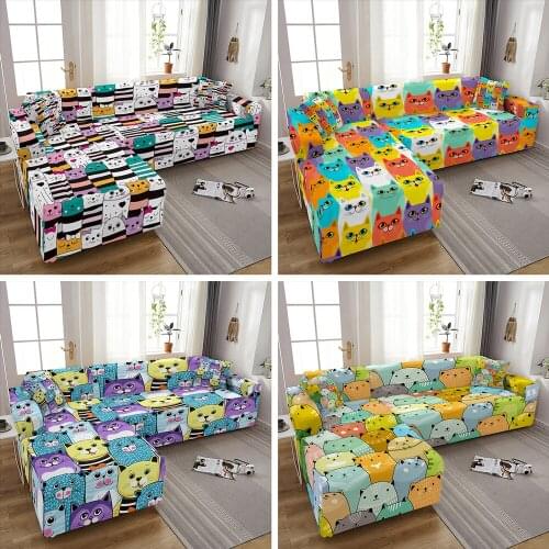 Cartoon Cat L Shaped Sofa Cover Elastic Couch Cover For Living Room 1/2/3/4Seat Funda de sofá de esquina Chaise Lounge Slipcover