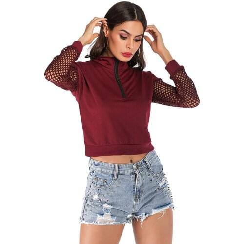 Neatie kiddie Sexy Hollow Out Long Sleeve Slim Sweatshirt Women Solid Wine Red Zipper Short Hoodies Casual Female Tops