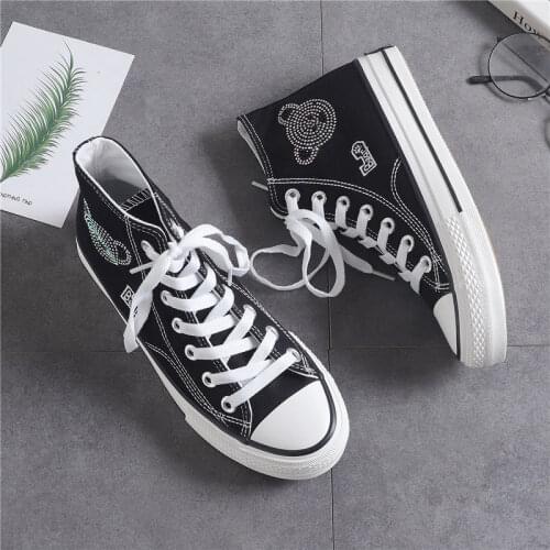 Woman Sneakers New Rhinestone Little Bear Canvas Shoes Flat Fashion Comfortable High Shoes Womens Fashion Vulcanized Shoes