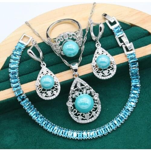 Classic Silver Color Pearl Jewelry Set for Women Wedding Blue Zircon Bracelet Earrings Necklace Pendant Ring Christmas Gift