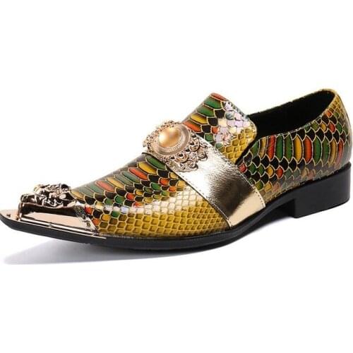 Fashion Red Genuine Leather Men Dress Shoes Metal Pointed Toe Crystal Party Wedding Men Shoes Plus Size Business Men Oxford Shoe