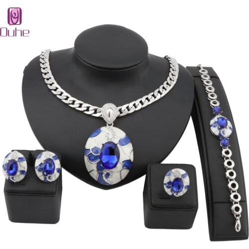 Fashion Dubai Gold Jewelry Set Brand Nigerian Wedding woman Accessories Bridal Crystal Blue Enameled Jewelry Set