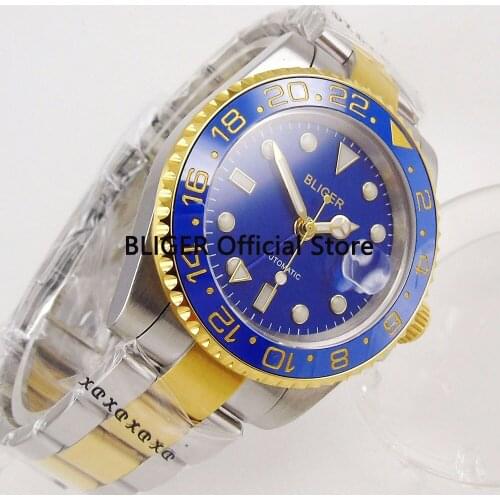 BLIGER 40mm Mens Watch Blue Dial Sapphire Gold Plated Stainless Steel Band Luminous GMT Automatic Movement