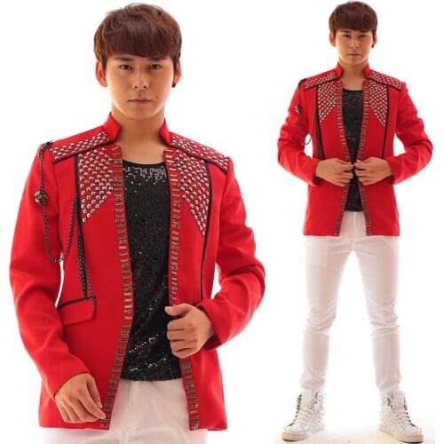 Men suits designs acrylic beads diamond stage costumes for singers men sequin blazer dance clothes jacket dress punk red