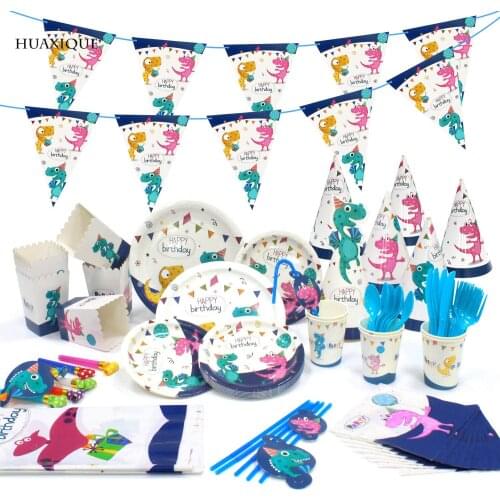 Blue Dinosaur Theme Disposable Party Tableware Set Children Birthday Decoration Balloon Paper Plates Cups Baby Shower Supplies