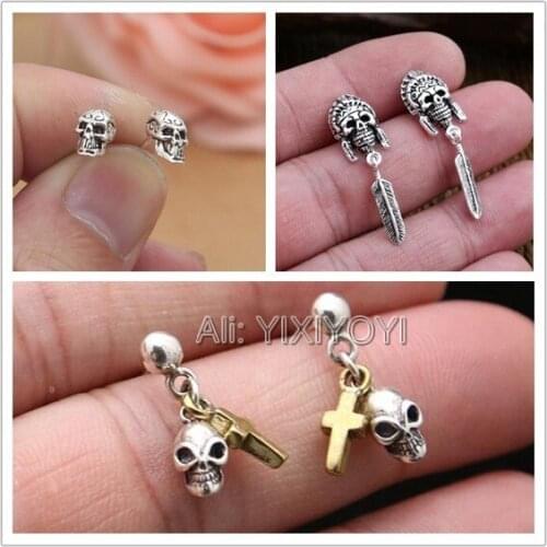 Real 925 Sterling Silver Skull Stud Earring Retro vintage Thai Silver Dangle Skull Earrings for Woman Man Charm Fashion Jewelry